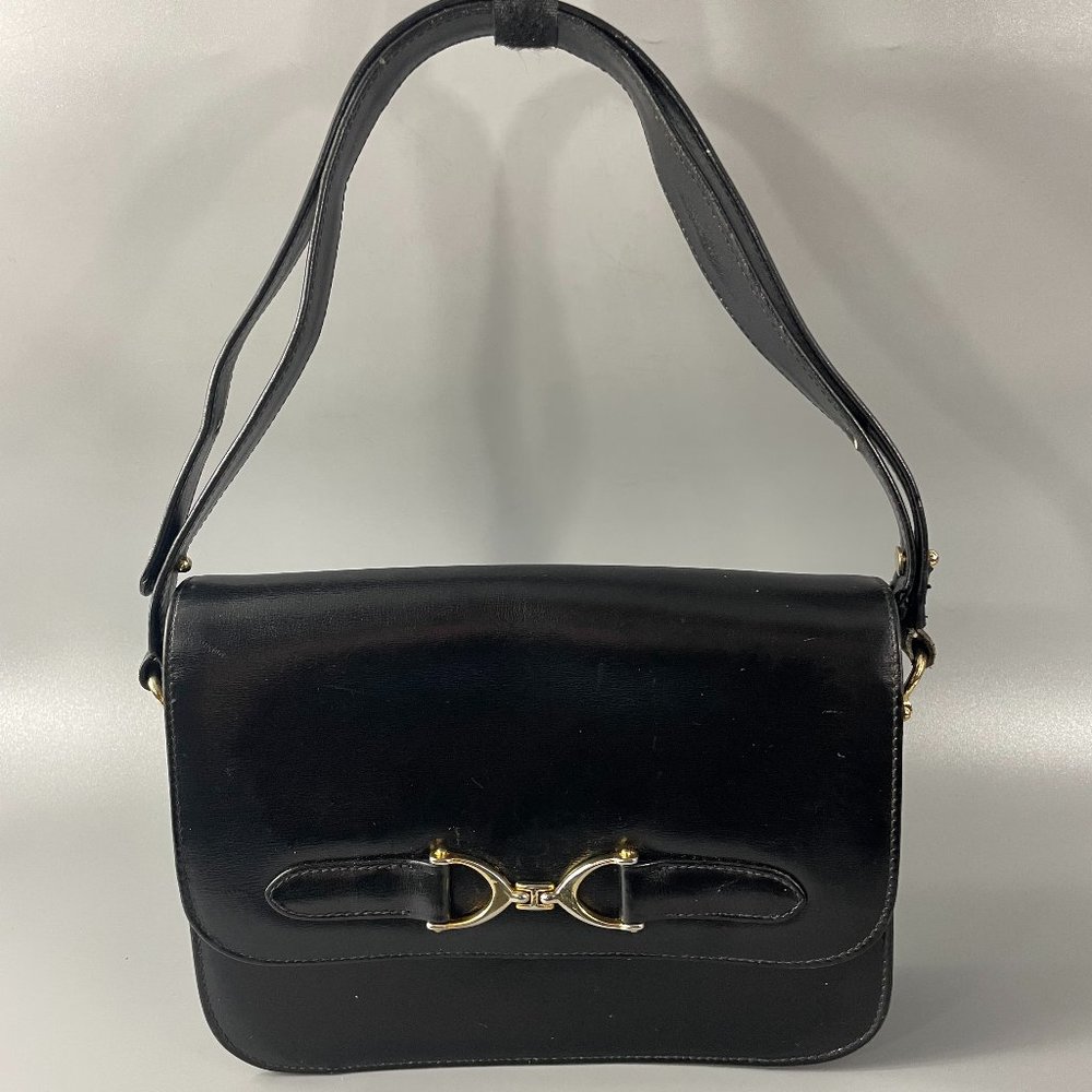 Vintage Harrods Black Leather Shoulder/Crossbody Bag
